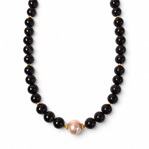 10 mm Black Lace Agate with Majorica Pearl Necklace - 20 inch 10 mm Black Lace Agate with Majorica Pearl Necklace - 20 inch