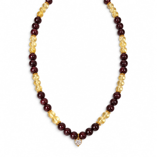 6 mm Garnet and Citrine Necklace with Zirconia Heart Charm - 16 inch 6 mm Garnet and Citrine Necklace with Zirconia Heart Charm - 16 inch