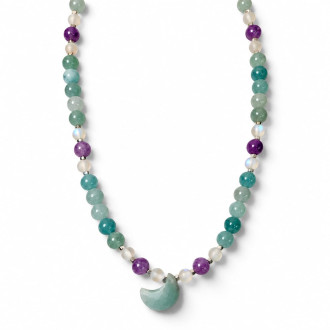8 mm Fluorite and Opalite Necklace with Faceted Jade Moon - 19 inch