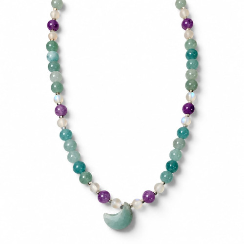 8 mm Fluorite and Opalite Necklace with Faceted Jade Moon - 19 inch 8 mm Fluorite and Opalite Necklace with Faceted Jade Moon - 19 inch