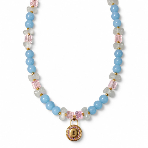 8 mm Aquamarine and Cat’s Eye Bow Necklace - 17 inch