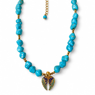 8mm~10mm Turquoise Necklace with Zirconia Winged Heart Charm - 18 inch