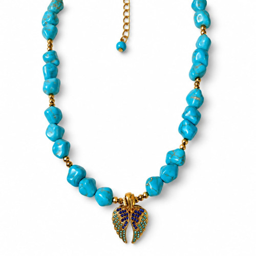 8mm~10mm Turquoise Necklace with Zirconia Winged Heart Charm - 18 inch 8mm~10mm Turquoise Necklace with Zirconia Winged Heart Charm - 18 inch