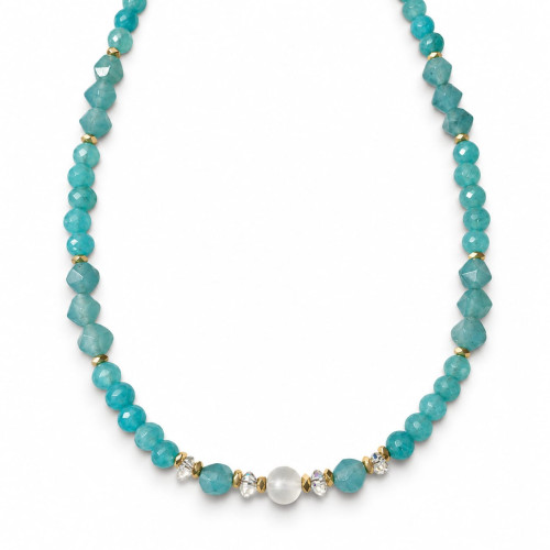 6 mm and 8 mm Faceted Greenish Agate and Czech Crystal Necklace — 17 inch 6 mm and 8 mm Faceted Greenish Agate and Czech Crystal Necklace — 17 inch