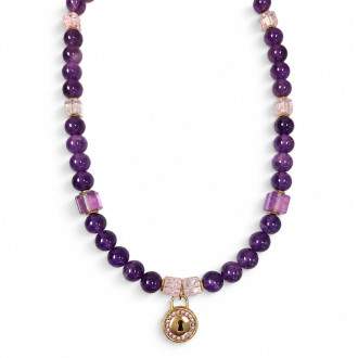 8 mm Amethyst and Fluorite with Lock Charm Necklace - 17 Inches