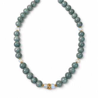12 mm Jade and Opalite Necklace with Golden Accents - 18 Inches