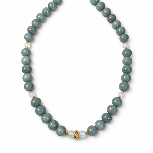 12 mm Jade and Opalite Necklace with Golden Accents - 18 Inches