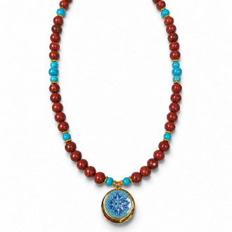 8 mm Red Jasper and Turquoise Sun Necklace - 22 inch 