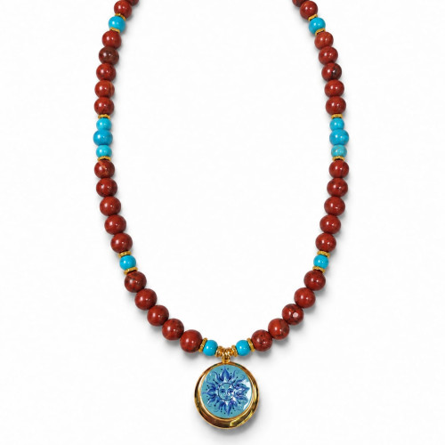 8 mm Red Jasper and Turquoise Sun Necklace - 22 inch 