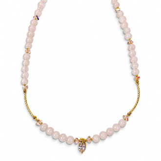 6 mm Rose Quartz Necklace with Zirconia Heart and Golden Accents - 16 inch
