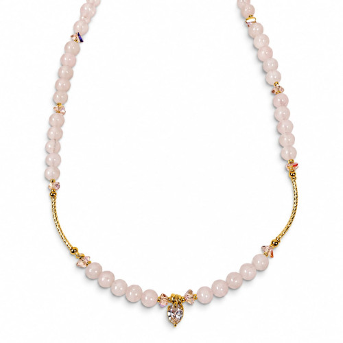 6 mm Rose Quartz Necklace with Zirconia Heart and Golden Accents - 16 inch