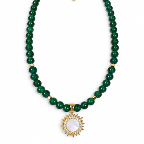 8 mm Green Agate Necklace with Sun Charm - 18 inch 8 mm Green Agate Necklace with Sun Charm - 18 inch
