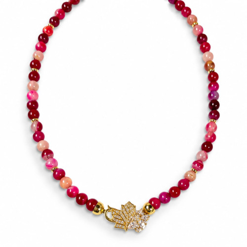 6 mm Pink Lace Agate Maple Leaf Choker Necklace - 15 inch 6 mm Pink Lace Agate Maple Leaf Choker Necklace - 15 inch