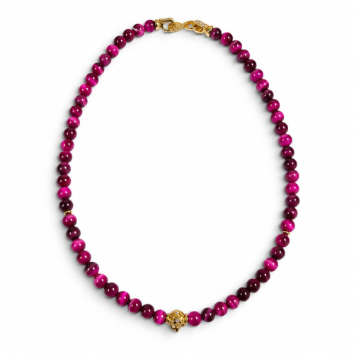 6 mm Pink Tiger’s Eye Necklace with Gold-Tone Charm – 16 inch