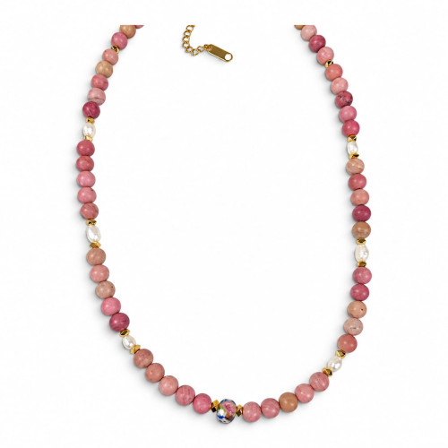 6 mm Rhodonite and Freshwater Pearl Necklace with Murano-Style Crystal - 16 inch