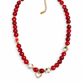 8 mm Faceted Red Agate and Floral Porcelain Necklace with Heart Charm — 17 inch 8 mm Faceted Red Agate and Floral Porcelain Necklace with Heart Charm — 17 inch