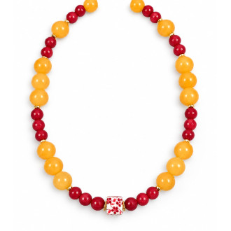 12 mm Yellow Quartz and 8 mm Red Agate Necklace with Porcelain Accent 12 mm Yellow Quartz and 8 mm Red Agate Necklace with Porcelain Accent