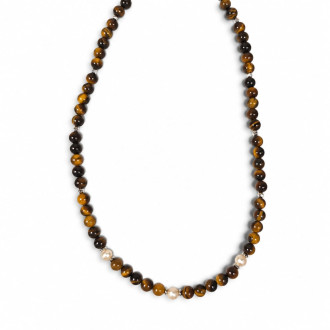 6 mm Tiger’s Eye and Faux Pearl Necklace — 16 inch