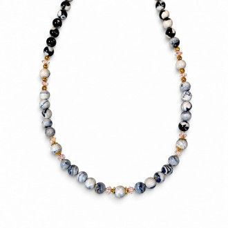 6 mm Black Spotted Agate Necklace with Czech Crystals and Zirconia Maple Leaf Clasp