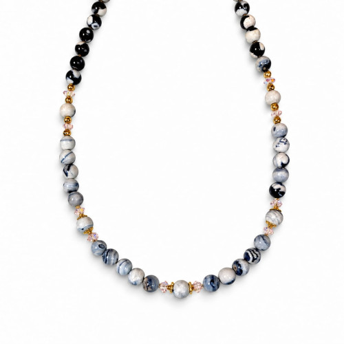 6 mm Black Spotted Agate Necklace with Czech Crystals and Zirconia Maple Leaf Clasp 6 mm Black Spotted Agate Necklace with Czech Crystals and Zirconia Maple Leaf Clasp