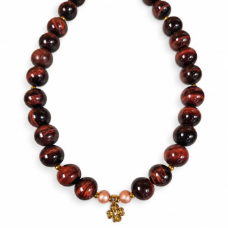 14 mm Red Tiger’s Eye Necklace with Gold Flower Charm — 16 inch