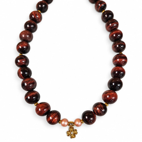 14 mm Red Tiger’s Eye Necklace with Gold Flower Charm — 16 inch 14 mm Red Tiger’s Eye Necklace with Gold Flower Charm — 16 inch