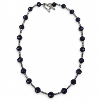 8 mm Faceted Blue Goldstone and Hematite Necklace — 19 Inches