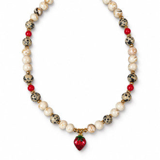 8 mm Howlite, Dalmatian Jasper and Red Agate Strawberry Necklace