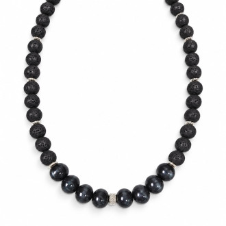 10 mm Lava Stone and 12 mm Dark Grey Cat’s Eye Necklace — 19 Inches 10 mm Lava Stone and 12 mm Dark Grey Cat’s Eye Necklace — 19 Inches