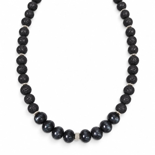 10 mm Lava Stone and 12 mm Dark Grey Cat’s Eye Necklace — 19 Inches 10 mm Lava Stone and 12 mm Dark Grey Cat’s Eye Necklace — 19 Inches