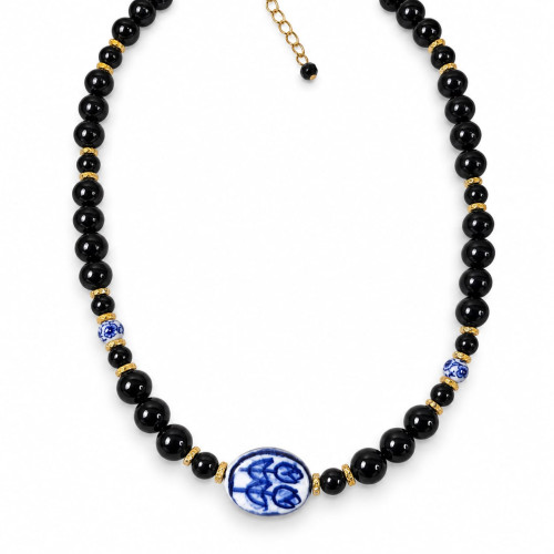 8 mm Black Obsidian with Porcelain Necklace - 18 inch 8 mm Black Obsidian with Porcelain Necklace - 18 inch