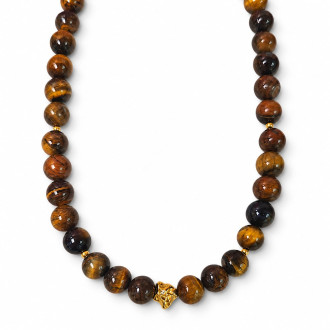 10 mm Tiger’s Eye Necklace with Gold Plated Stainless Steel Charms