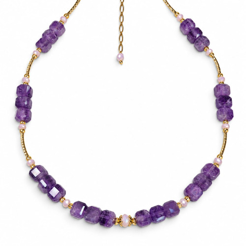 8 mm Faceted Amethyst with Czech Crystal Necklace - 18 inch