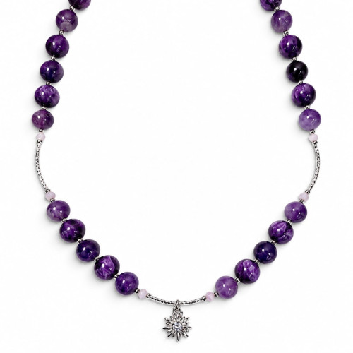 10 mm Amethyst and Cat’s Eye Sun Necklace - 22 inch