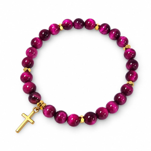 6 mm Pink Tiger's Eye Bracelet with Gold Stainless Steel Cross 6 mm Pink Tiger's Eye Bracelet with Gold Stainless Steel Cross