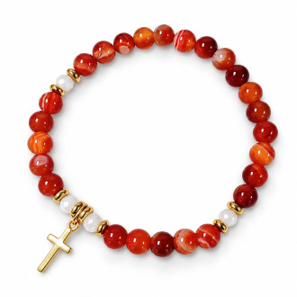 6 mm Carnelian Bracelet with Czech Crystals and Gold Stainless Steel Cross 6 mm Carnelian Bracelet with Czech Crystals and Gold Stainless Steel Cross