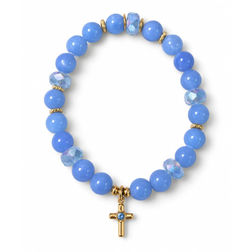 8 mm Aquamarine Bracelet with Czech Crystals and Gold Stainless Steel Cross 8 mm Aquamarine Bracelet with Czech Crystals and Gold Stainless Steel Cross