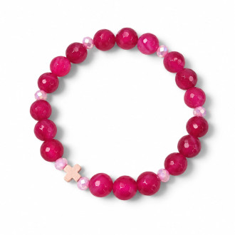8 mm Faceted Pink Agate Bracelet with Czech Crystals and Wooden Cross 8 mm Faceted Pink Agate Bracelet with Czech Crystals and Wooden Cross