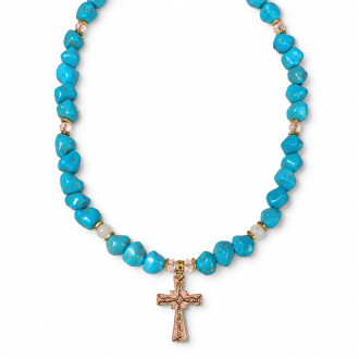 8 ~ 9 mm Turquoise Necklace with Enamel Cross - 19 Inch 8 ~ 9 mm Turquoise Necklace with Enamel Cross - 19 Inch