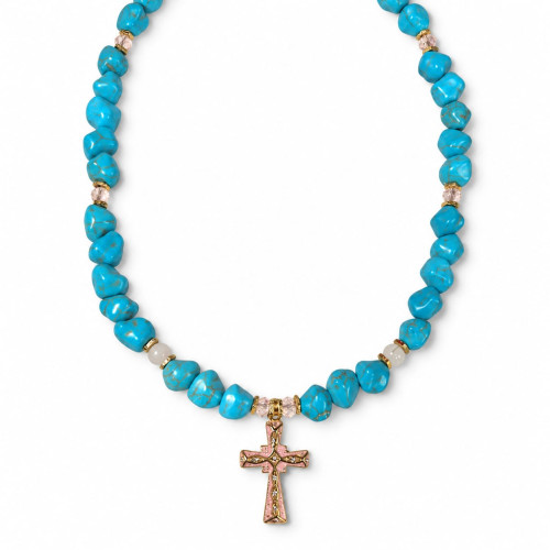 8 ~ 9 mm Turquoise Necklace with Enamel Cross - 19 Inch 8 ~ 9 mm Turquoise Necklace with Enamel Cross - 19 Inch