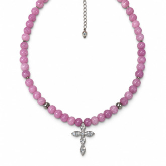 6 mm Kunzite Necklace with Silver-Tone Zirconia Cross – 16 Inch 6 mm Kunzite Necklace with Silver-Tone Zirconia Cross – 16 Inch