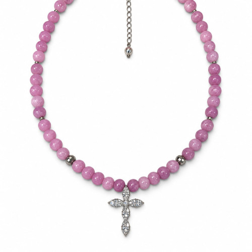 6 mm Kunzite Necklace with Silver-Tone Zirconia Cross – 16 Inch