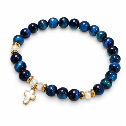 6 mm Blue Tiger's Eye Bracelet with Mother of Pearl Cross – Faith and Inner Strength