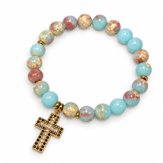 8 mm Amazonite Bracelet with Zirconia Gold-Tone Stainless Steel Cross Charm 8 mm Amazonite Bracelet with Zirconia Gold-Tone Stainless Steel Cross Charm