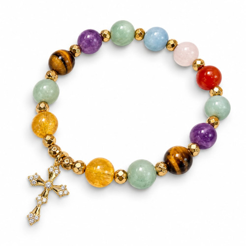 Mixed Gemstone Bracelet with Zirconia Gold-Tone Cross Charm – 8 mm Mixed Gemstone Bracelet with Zirconia Gold-Tone Cross Charm – 8 mm