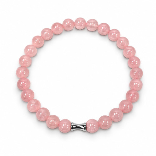 6 mm Rose Quartz Bracelet with Silver-Tone Stainless Steel Spacer
