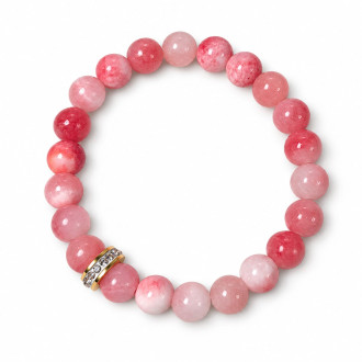 8 mm Pink Jade Bracelet with Zirconia Gold-Tone Stainless Steel Charm