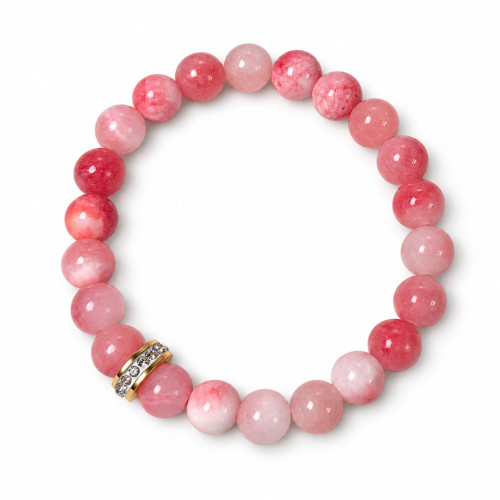 8 mm Pink Jade Bracelet with Zirconia Gold-Tone Stainless Steel Charm