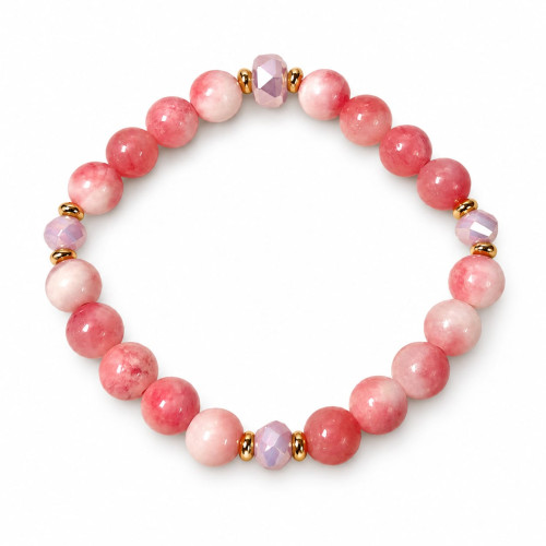 8 mm Pink Jade Bracelet with Czech Crystals and Gold-Tone Accents 8 mm Pink Jade Bracelet with Czech Crystals and Gold-Tone Accents