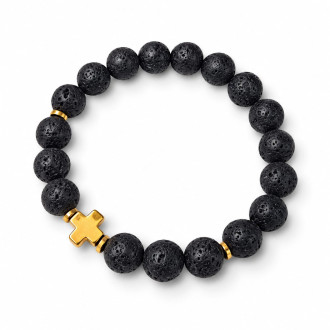 10 mm Lava Stone Bracelet with Gold-Tone Stainless Steel Cross